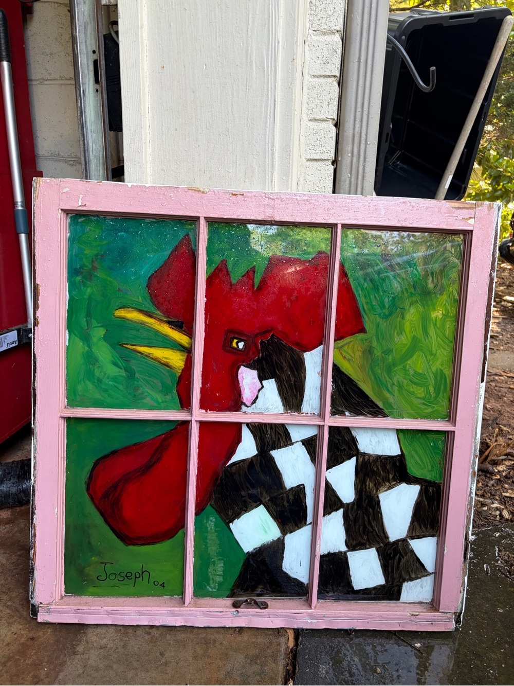 Hand-Painted Rooster Window Art in Pink Frame by Joseph